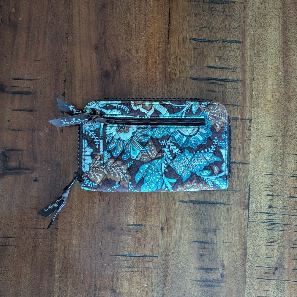 Vera Bradley Zip Around Wallet Teal Brown Paisley Floral Cotton Quilted Slim
